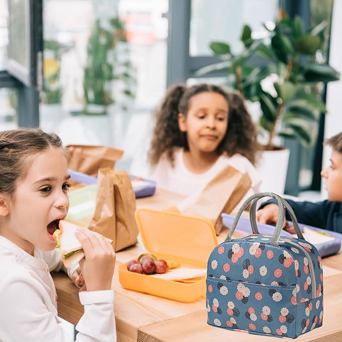 Insulated Lunch Bags,Portable Waterproof Cartoon Cute Thermal Cooler Tote Bag-Flower print