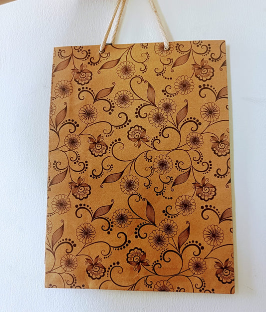 Brown Paper Bags - Return Gift Bags, Small Party Favor Paper Carry Bags, Craft Paper Bag- Recycled Eco Friendly-Big flower - Set of 2 bags