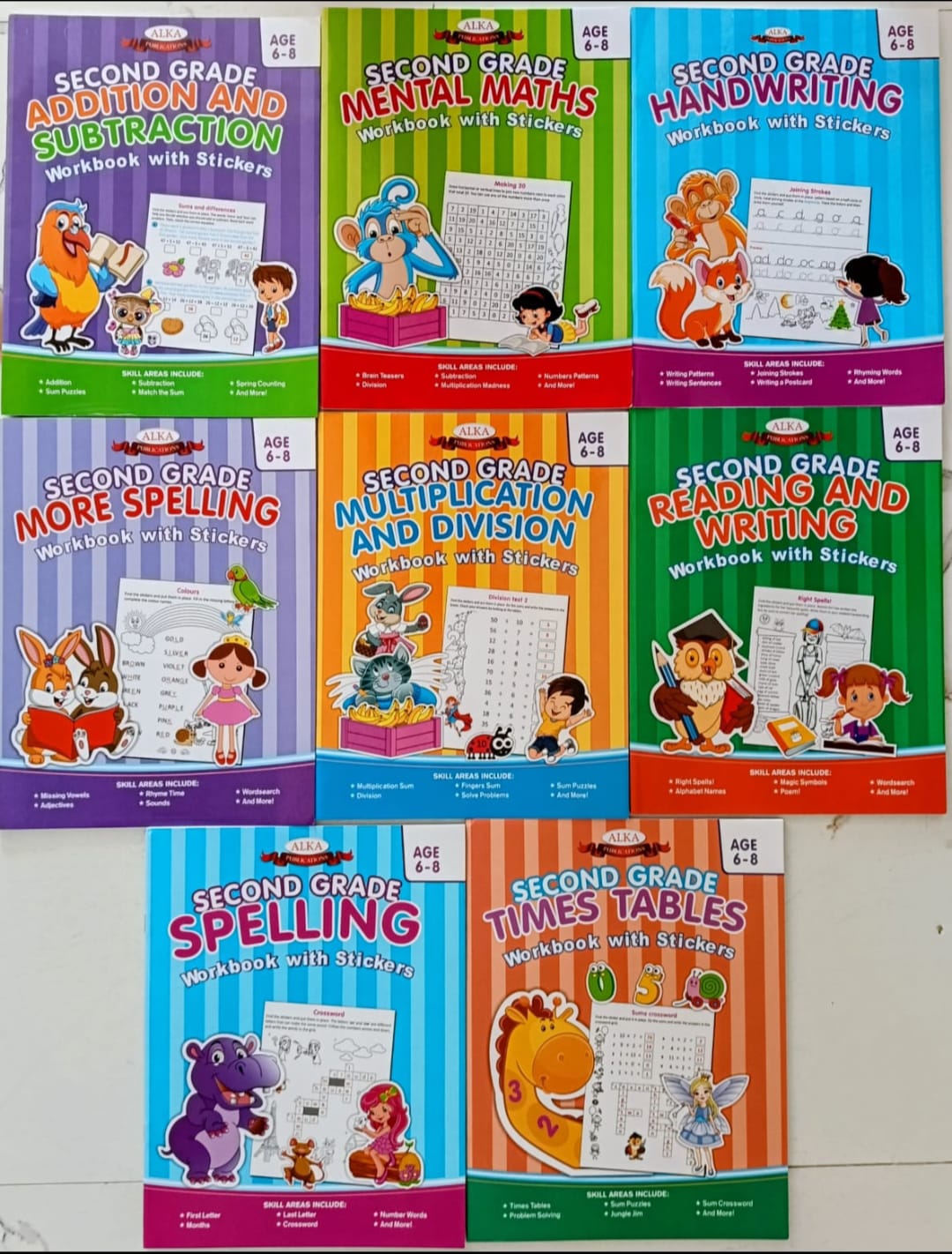 Second Grade Workbooks with Stickers- Combo of 8 books