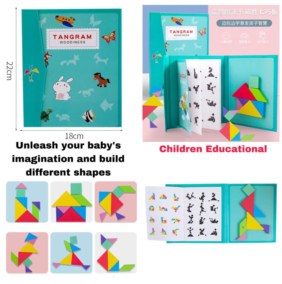 Tangram Woodiness Travel Friendly Magnetic Puzzle Book-Brain/Creativity IQ Montessori Educational Color Shape Recognition Toy Gift for 3+ Age Kids/Toddlers- Set of 1