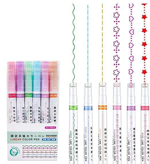 Roller Linear Curve Pen,Pack Of 6 Different Color Pens