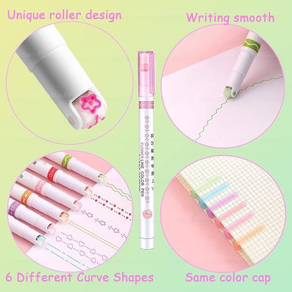 Roller Linear Curve Pen,Pack Of 6 Different Color Pens