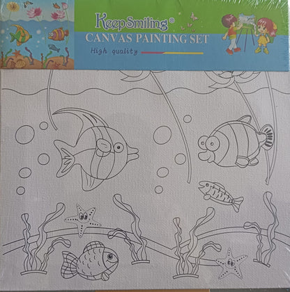Kids Canvas Kit- 8*8 Canvas Board with Color and Brush- Fish
